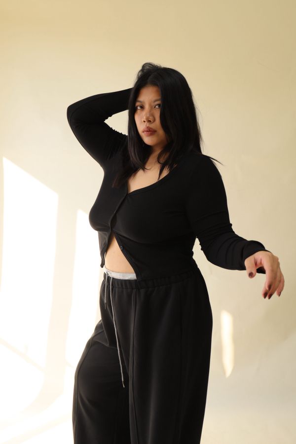 V領羅紋開釦上衣(黑) 