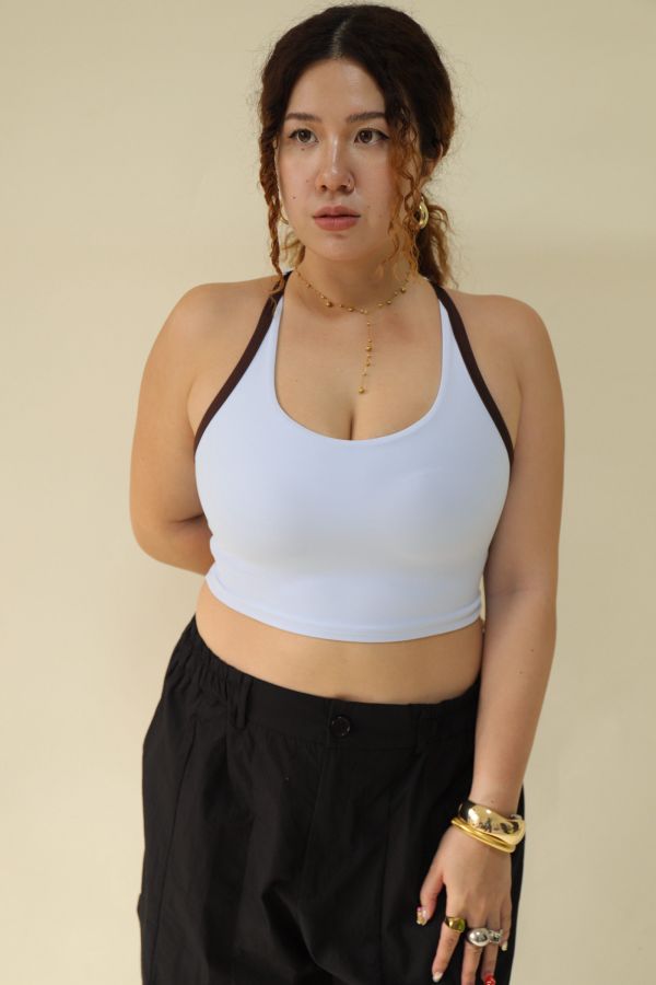 雙色拼接削肩運動內衣-藍 