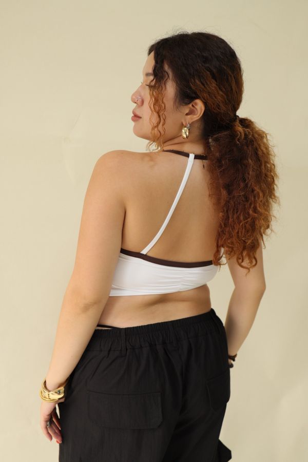 雙色拼接削肩運動內衣-白 