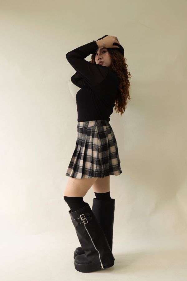 格紋百摺短裙-黑格 