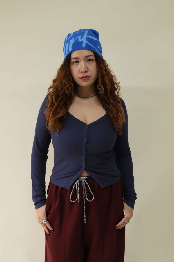 V領羅紋開釦上衣(藍) 