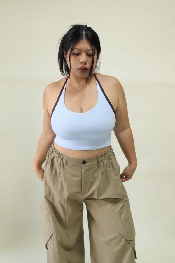 雙色拼接削肩運動內衣-藍 