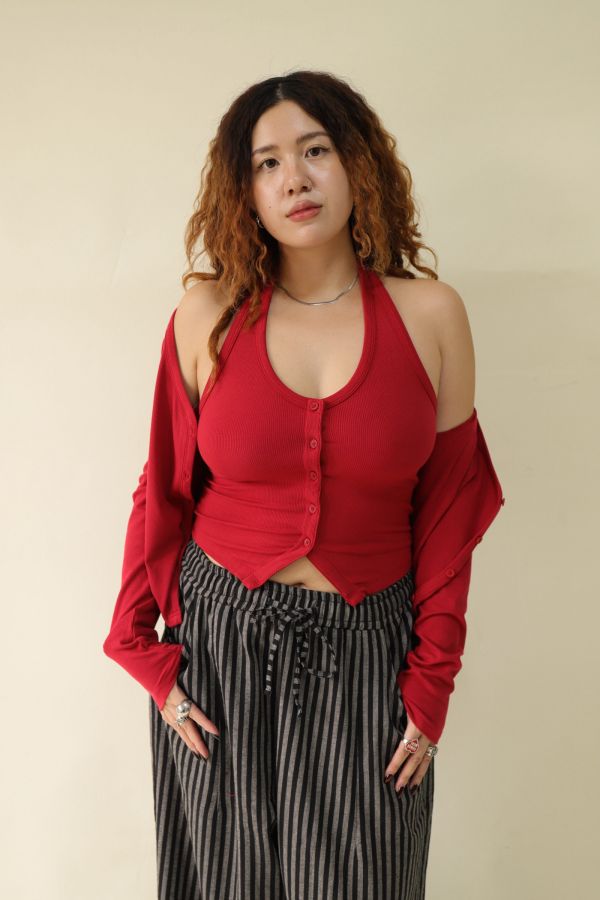 掛脖收腰排釦背心(紅) 