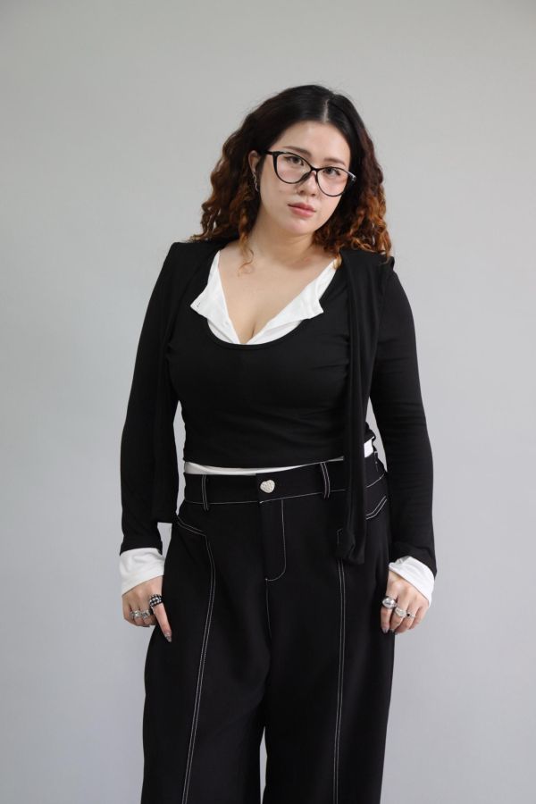 拼接撞色假兩件上衣-黑 