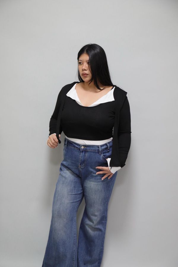 拼接撞色假兩件上衣-黑 