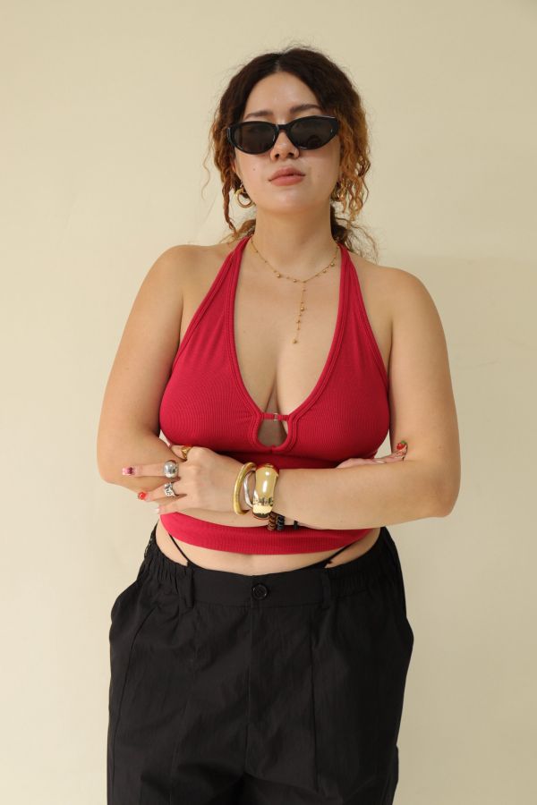 大鏤空掛脖彈力背心(紅) 