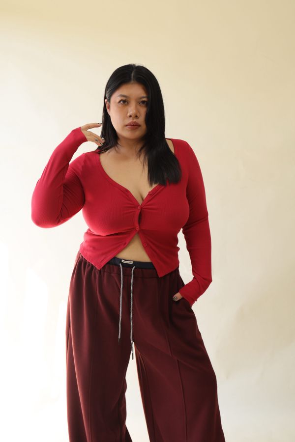 V領羅紋開釦上衣(紅) 