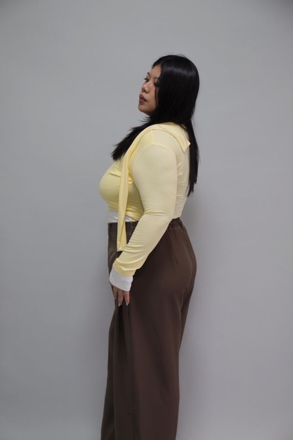 拼接撞色假兩件上衣-奶油黃 