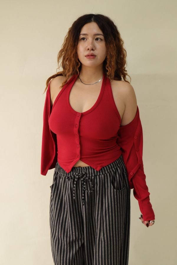 掛脖收腰排釦背心(紅) 