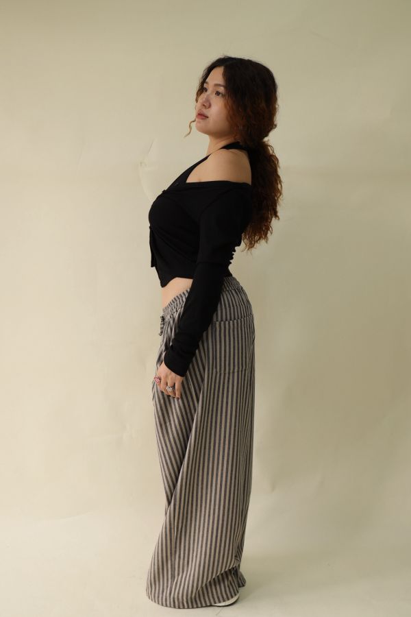 【EASE】藏肉系不鬆垮條紋寬褲(栗子咖) 