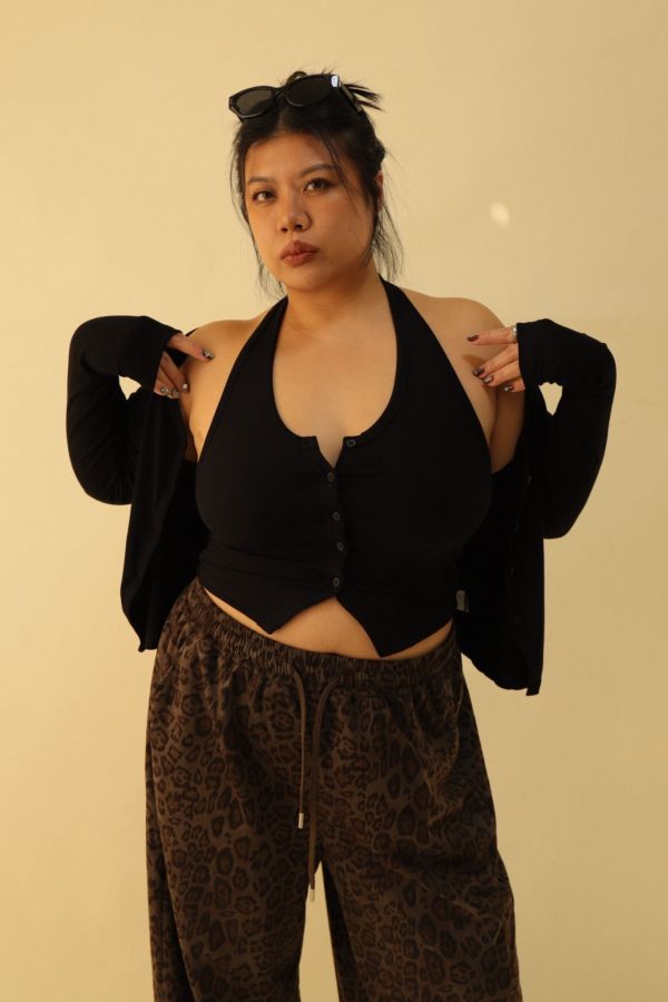 掛脖收腰排釦背心(黑) 