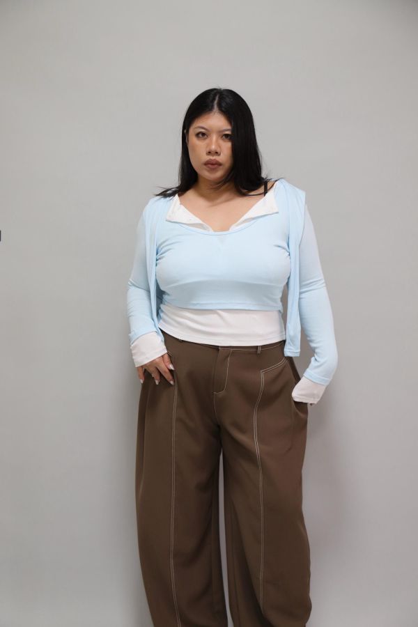 拼接撞色假兩件上衣-寶寶藍 