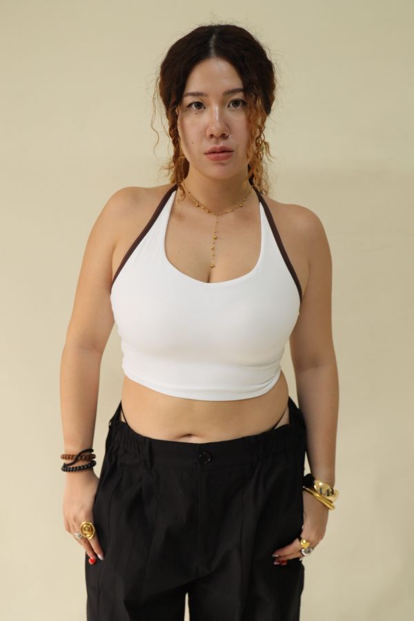 雙色拼接削肩運動內衣-白 