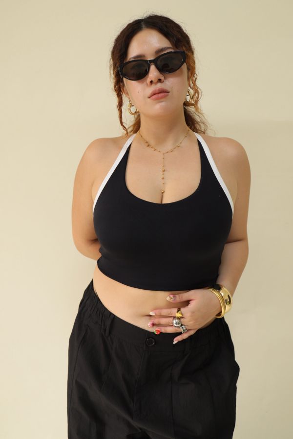 雙色拼接削肩運動內衣-黑 