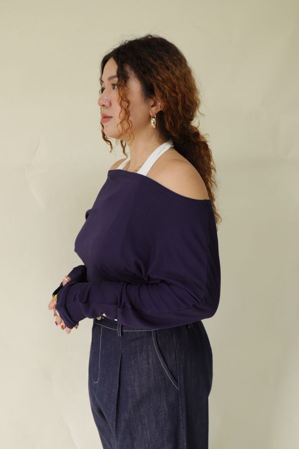 假兩件掛脖舒適上衣(藍) 