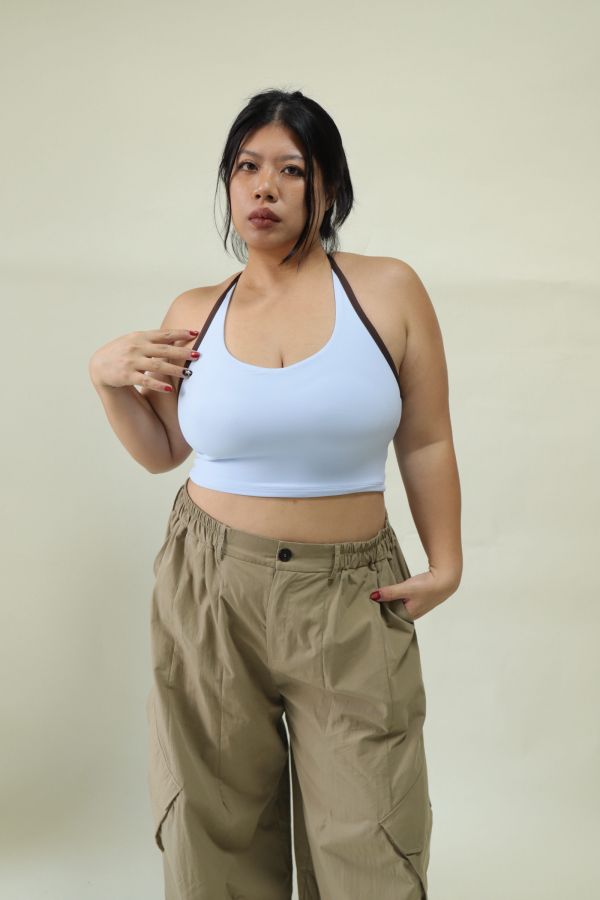 雙色拼接削肩運動內衣-藍 