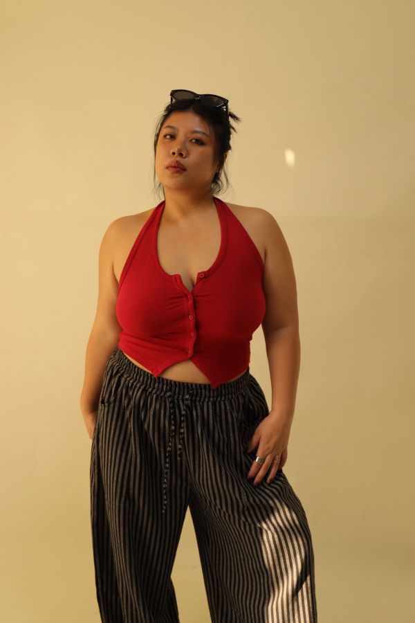 掛脖收腰排釦背心(紅) 