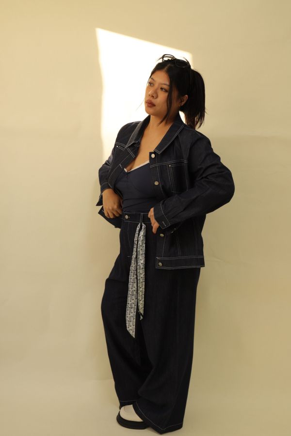 【EASE】精緻天絲單寧套裝(附絲巾) 