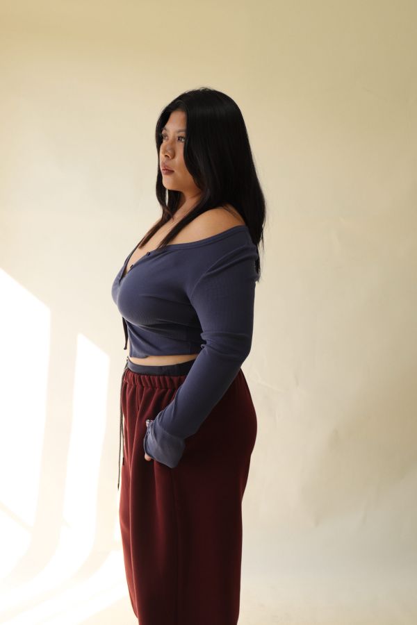 V領羅紋開釦上衣(藍) 