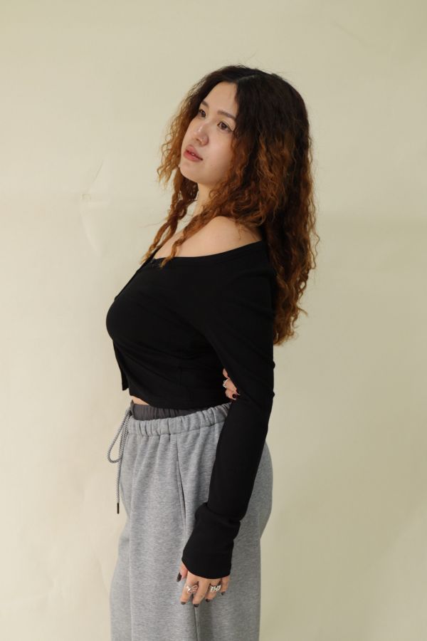 V領羅紋開釦上衣(黑) 