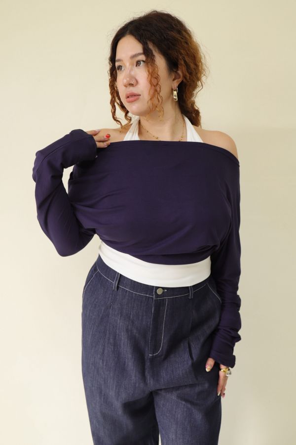 假兩件掛脖舒適上衣(藍) 