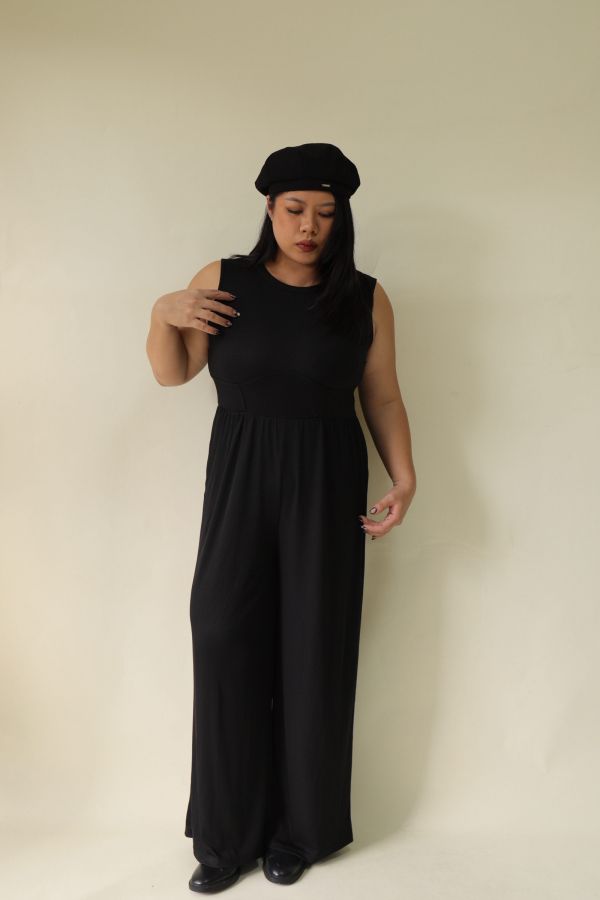 簡約無袖收腰連身褲 