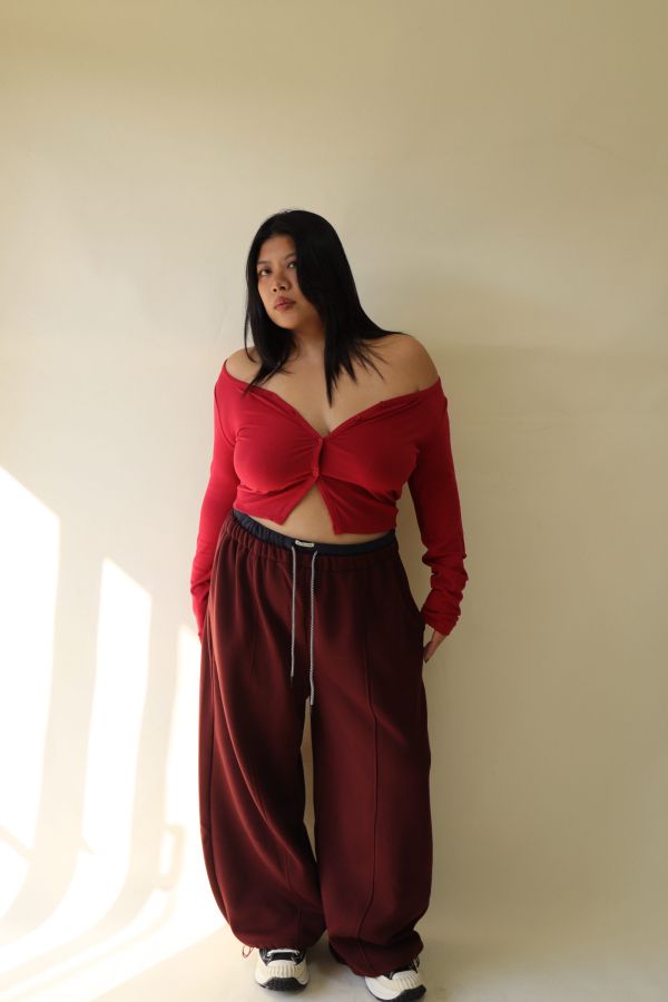 【EASE】設計感雙層抽繩棉褲 (酒紅) 