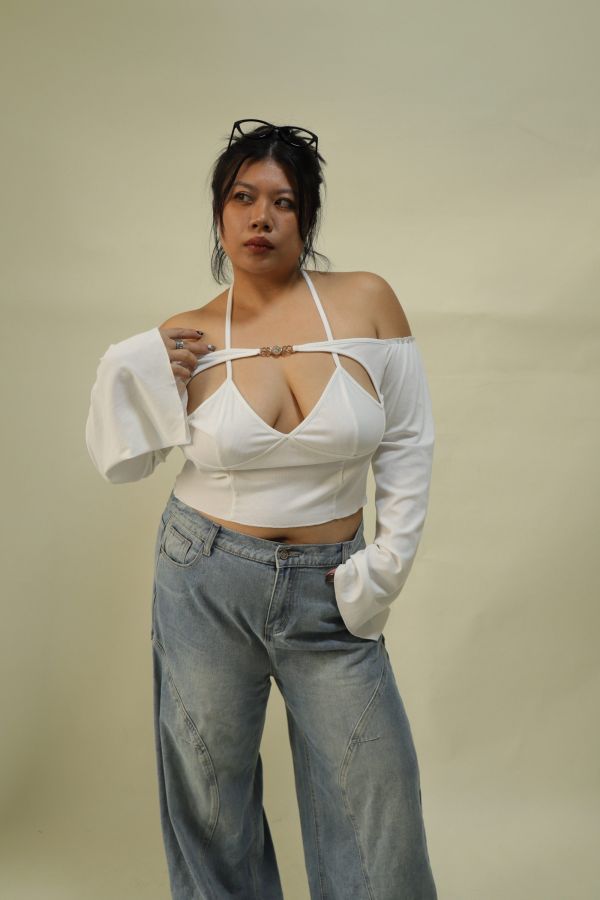 一字領假兩件辣妹上衣 