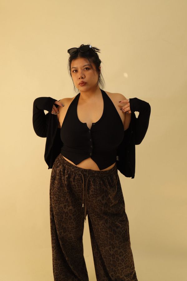 掛脖收腰排釦背心(黑) 