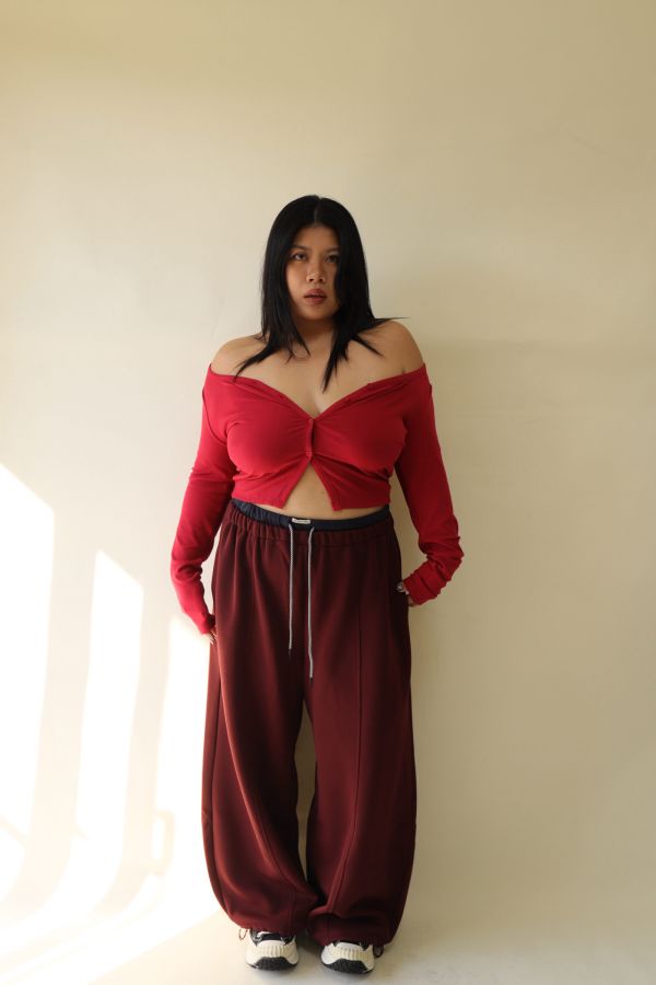 【EASE】設計感雙層抽繩棉褲 (酒紅) 