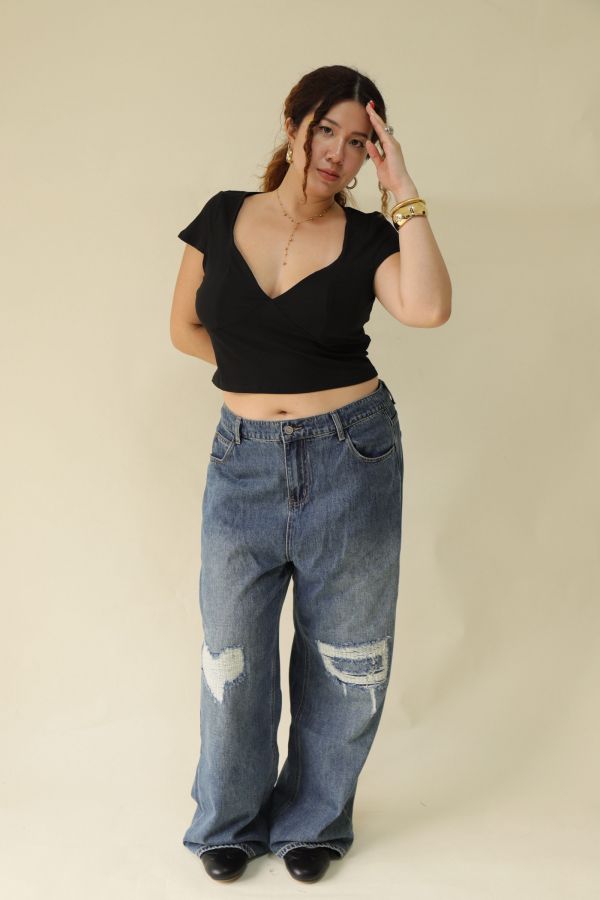 【EASE】愛心刷破牛仔寬褲 