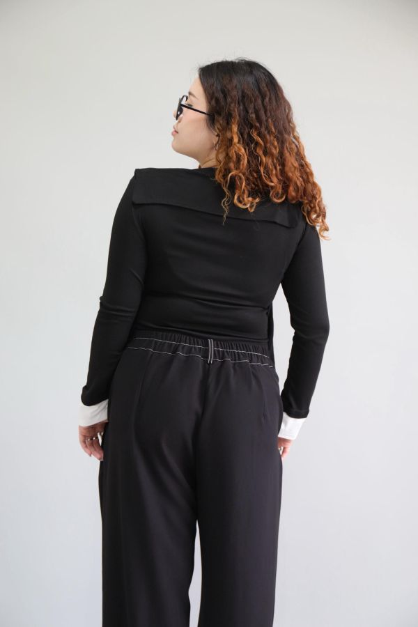 拼接撞色假兩件上衣-黑 