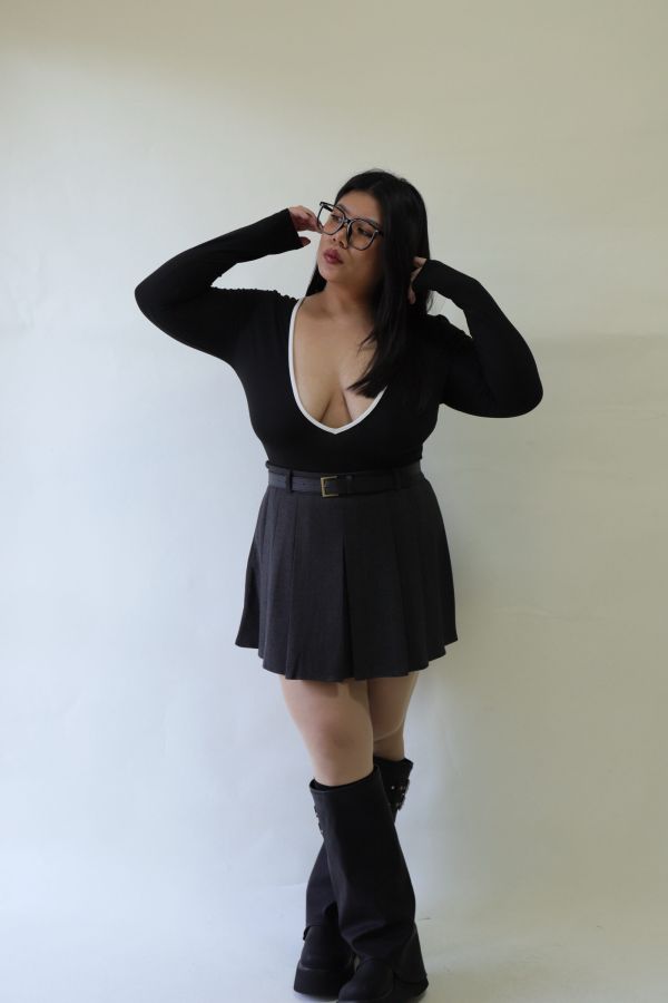 不顯胖毛呢百摺短裙(附皮帶)-灰 