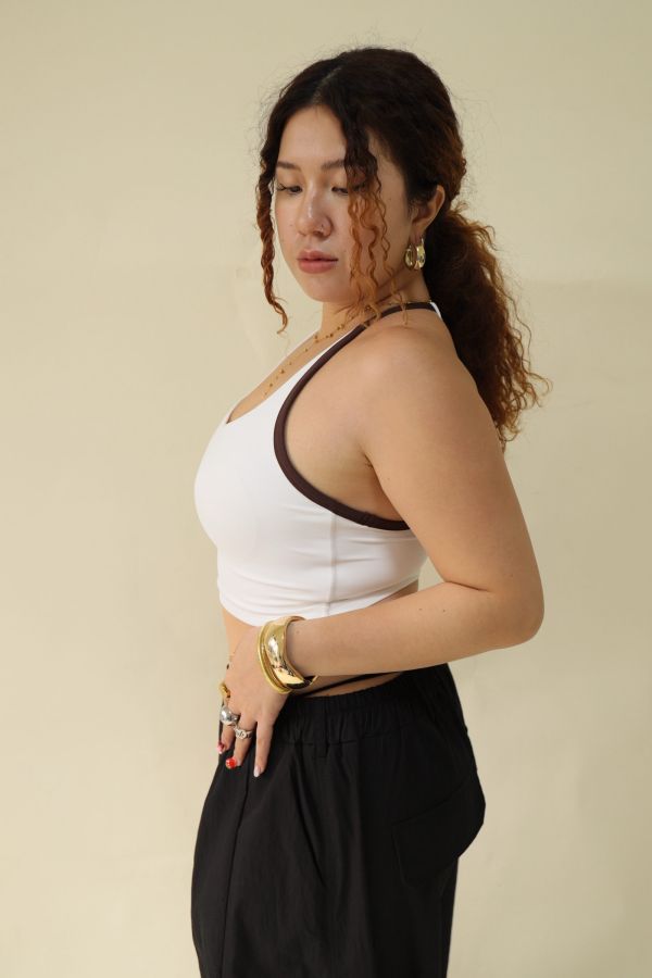 雙色拼接削肩運動內衣-白 