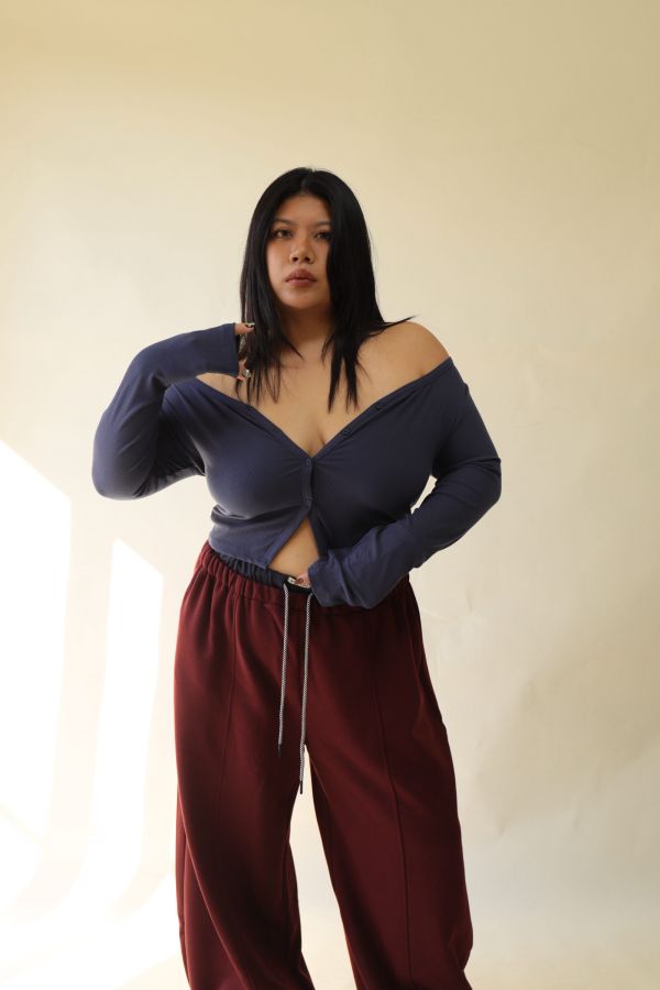 V領羅紋開釦上衣(藍) 