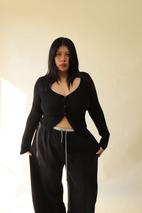 V領羅紋開釦上衣(黑) 