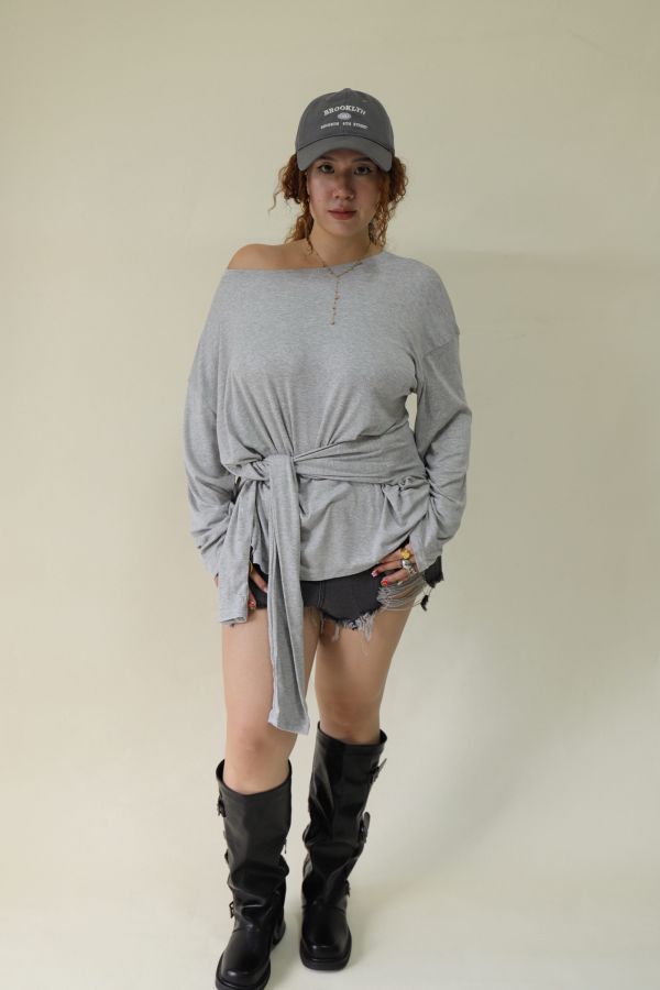 舒服穿假兩件綁帶上衣(灰) 