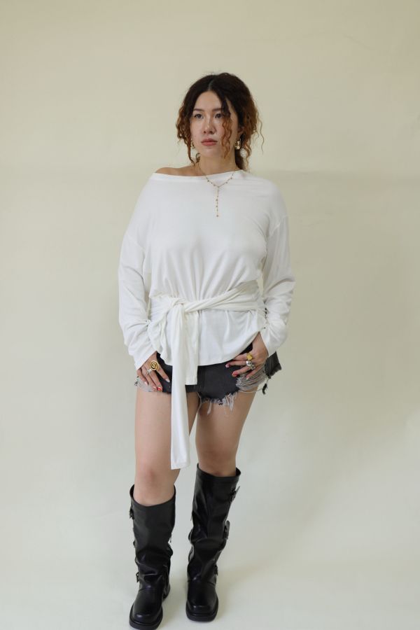 舒服穿假兩件綁帶上衣(白) 