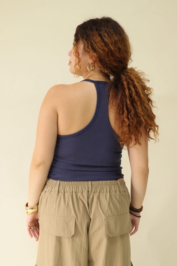 大鏤空掛脖彈力背心(藍) 