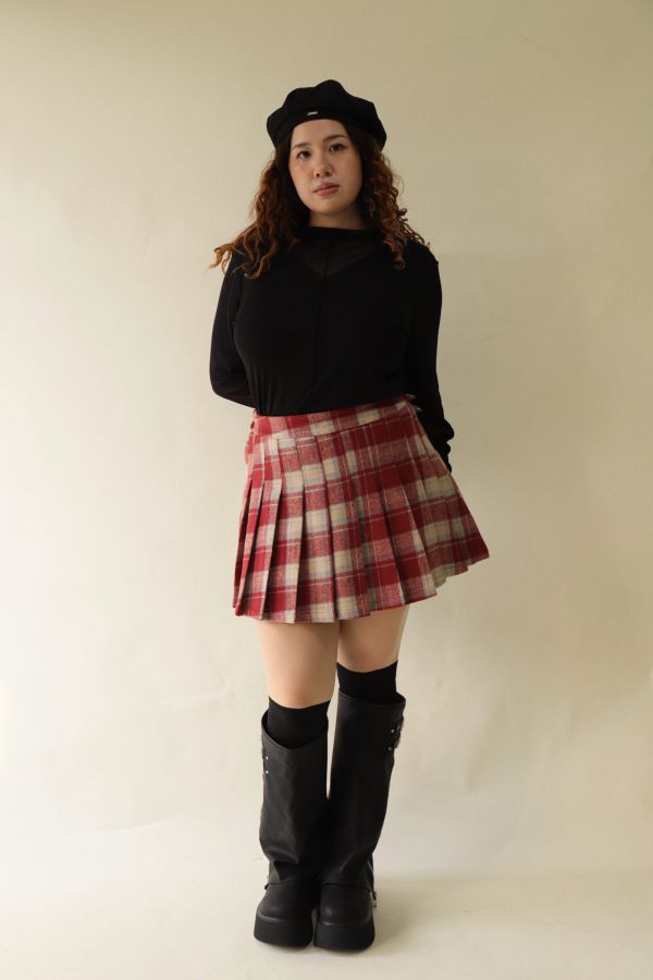 格紋百摺短裙-紅格 