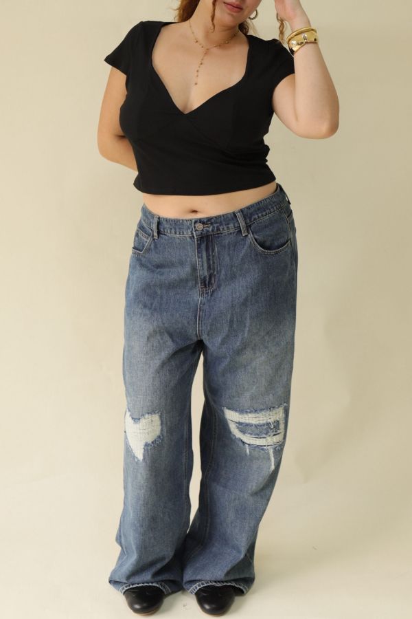 【EASE】愛心刷破牛仔寬褲 