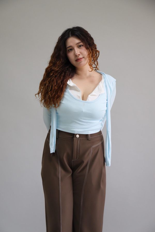 拼接撞色假兩件上衣-寶寶藍 