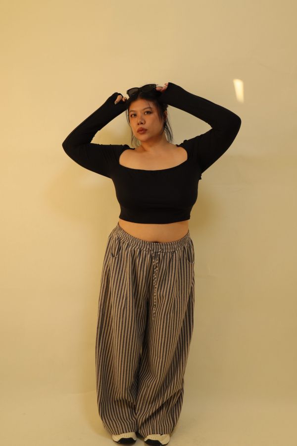 【EASE】藏肉系不鬆垮條紋寬褲(栗子咖) 