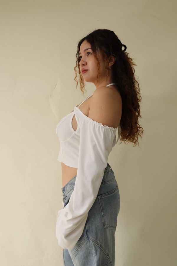 一字領假兩件辣妹上衣 