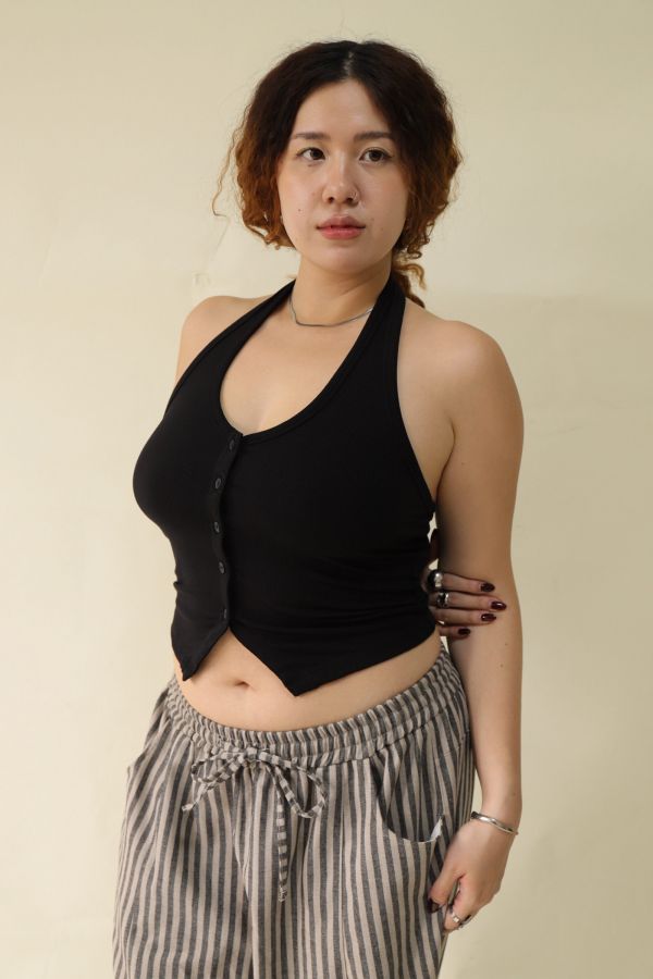 掛脖收腰排釦背心(黑) 