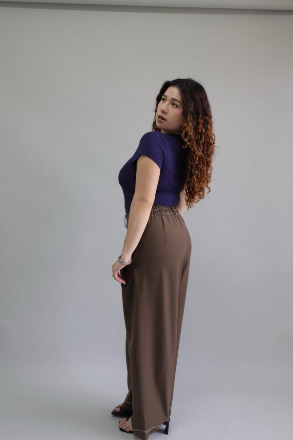 【EASE】肉肚友善長腿明線寬褲-咖 