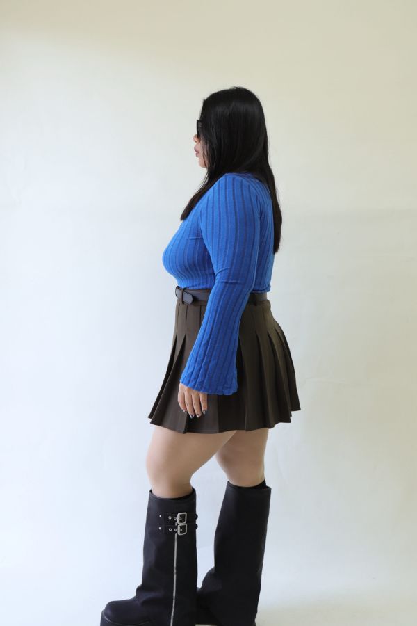 不顯胖毛呢百摺短裙(附皮帶)-咖 