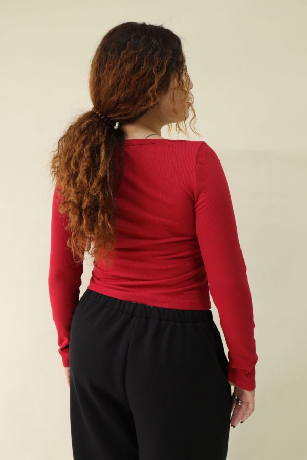 V領羅紋開釦上衣(紅) 