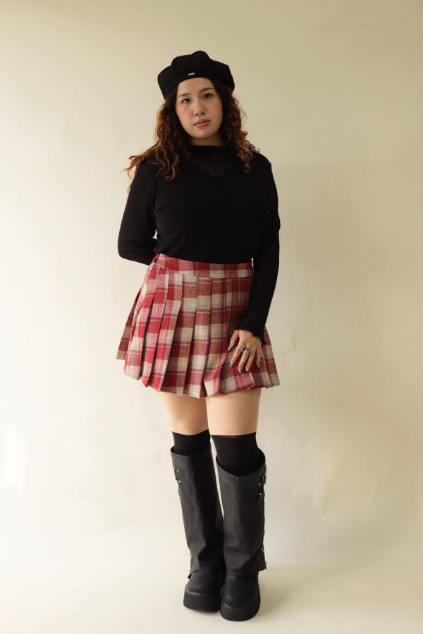 格紋百摺短裙-紅格 