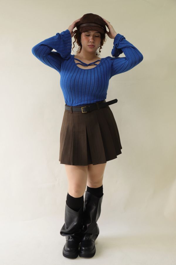 不顯胖毛呢百摺短裙(附皮帶)-咖 